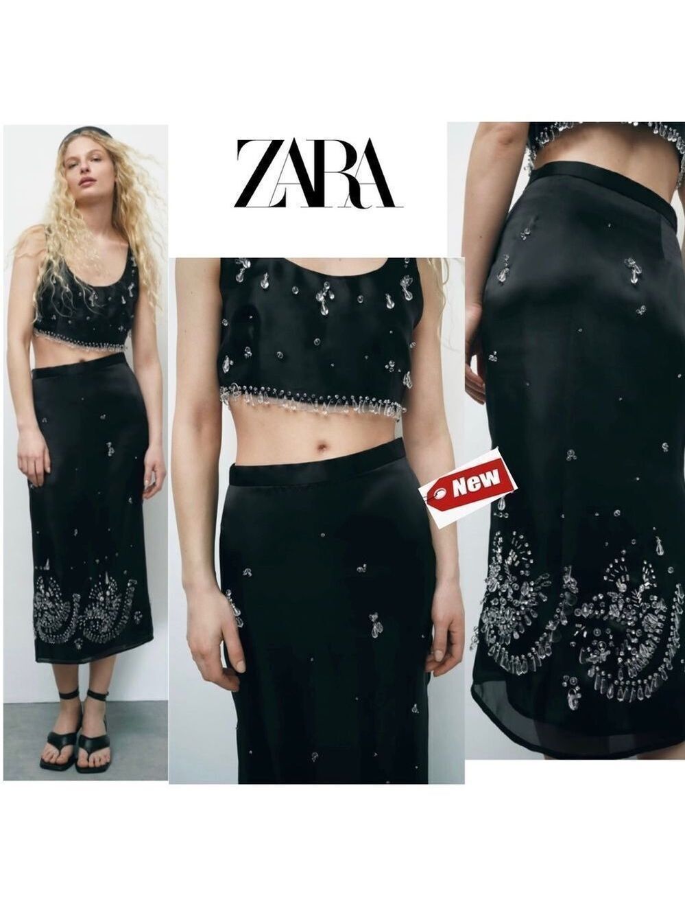 𝅺ZARA black Jewel trim satin midi skirt limited Edition Sz XS NWT